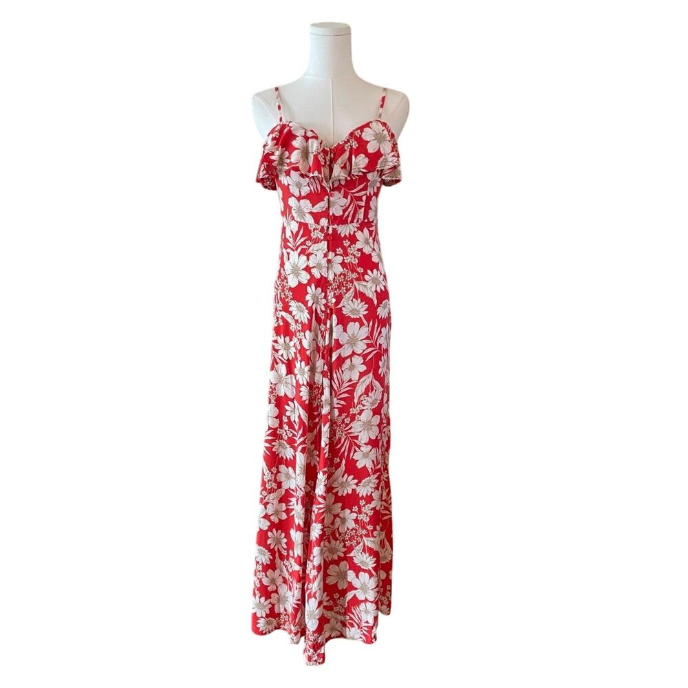 As U Wish Red & White Tropical Floral Button-Front‎ Ruffle Maxi Dress Size Small